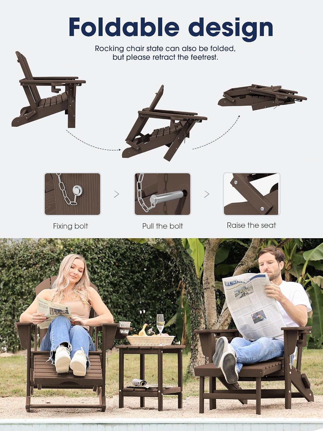KINGYES Adirondack Rocking Chair Set of 2 with Retractable Ottoman and Cup Holders, HDPE Adirondack Rocker Patio Rocking Chair for Porch, Patio, Balcony, Coffee Brown