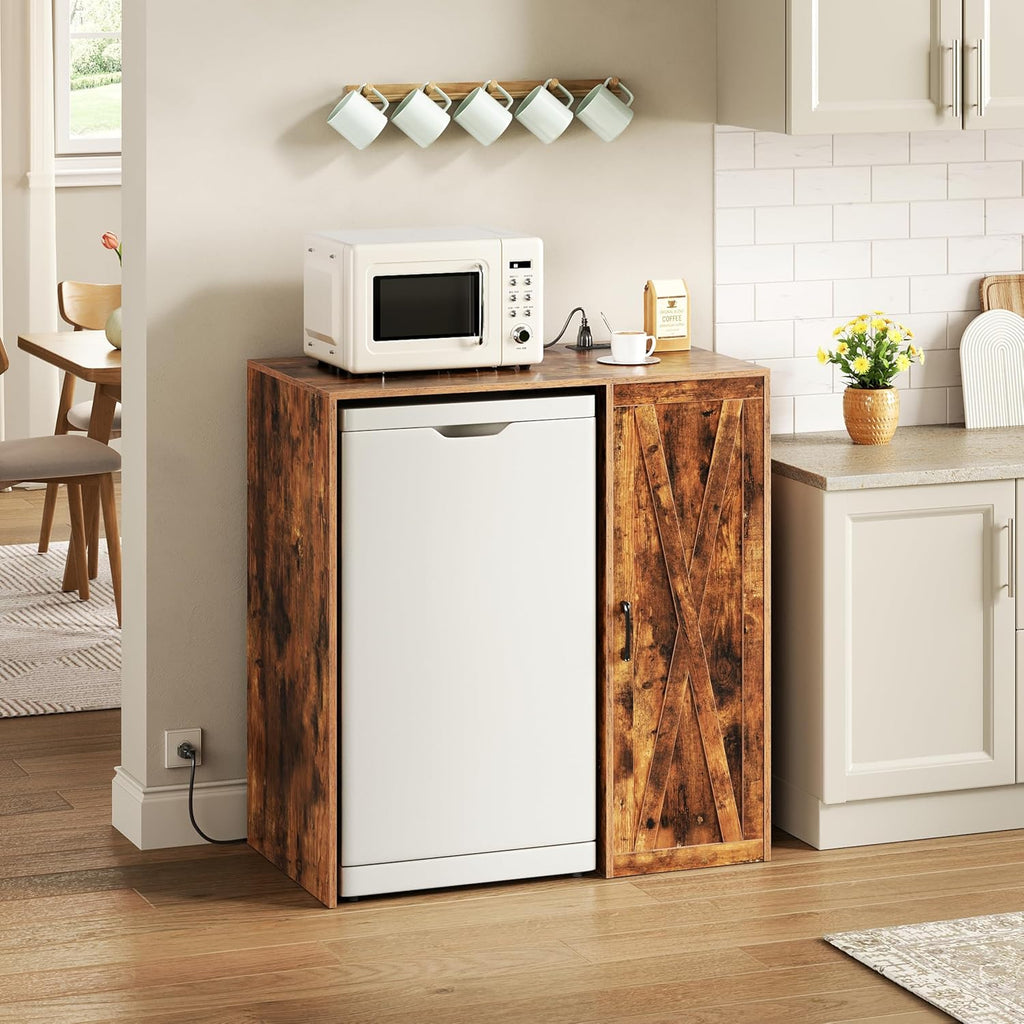 Herture Mini Fridge Cabinet with Storage, Coffee Bar Cabinet with Power Outlet, Fits 24' Wine Fridge, 3-Tier Organizer, Refrigerator Stand for Kitchen, Apartment, or Home Bar Brown KH01MRN