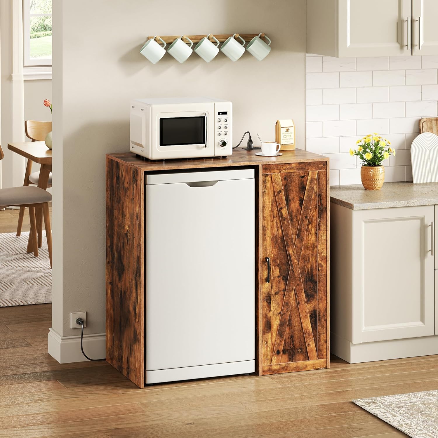 Herture Mini Fridge Cabinet with Storage, Coffee Bar Cabinet with Power Outlet, Fits 24' Wine Fridge, 3-Tier Organizer, Refrigerator Stand for Kitchen, Apartment, or Home Bar Brown KH01MRN