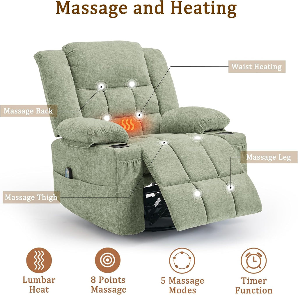 Korser Adult 360° Rotating Recliner with Massage and Heating Functions, Cup Holder and Manual Tilt Mechanism, Suitable for Living Room and Bedroom (Fabric, Turquoise)