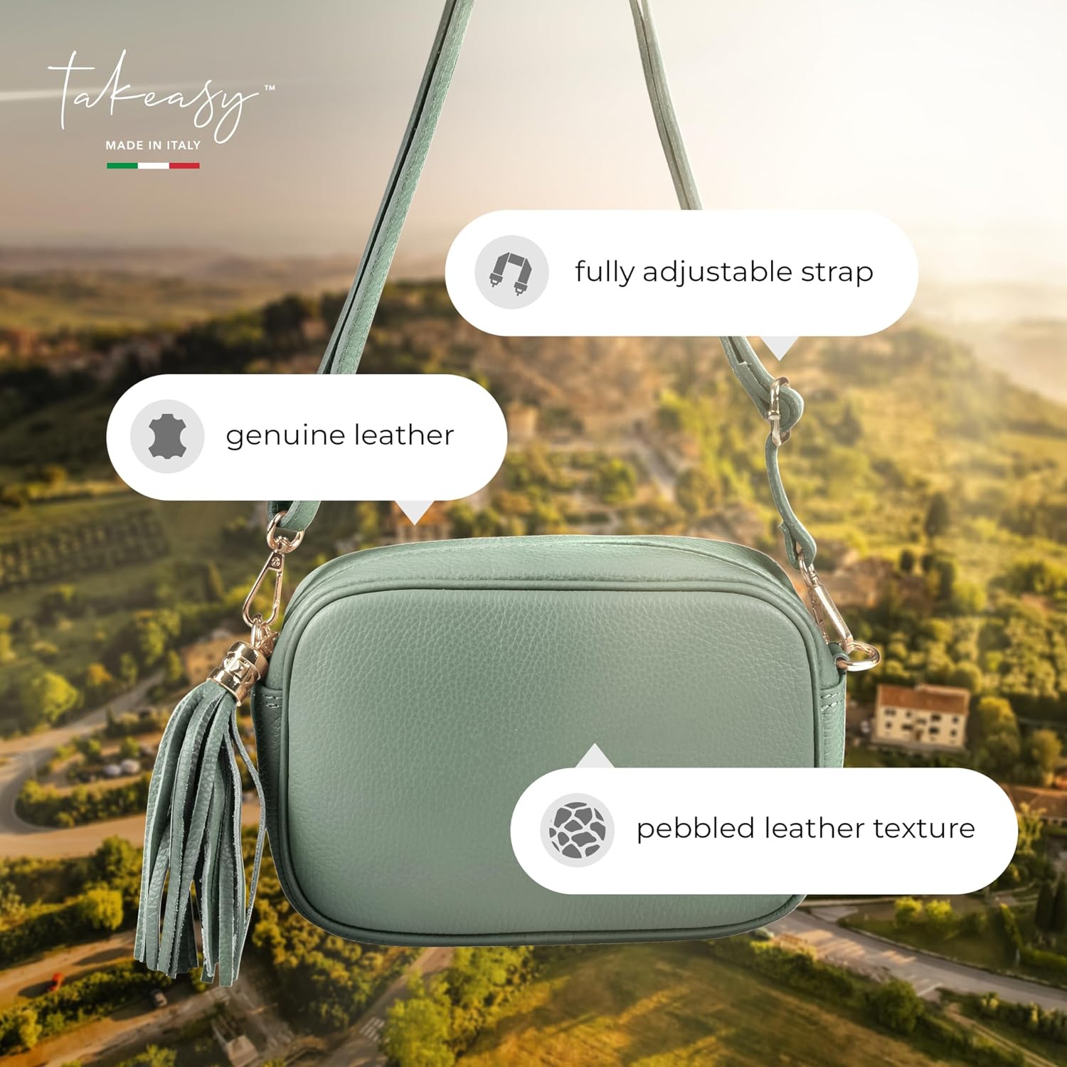 Italian Calf Leather Crossbody Bag for Women with Tassel Zipper | Small Camera Purse Shoulder Handbag Pocketbook