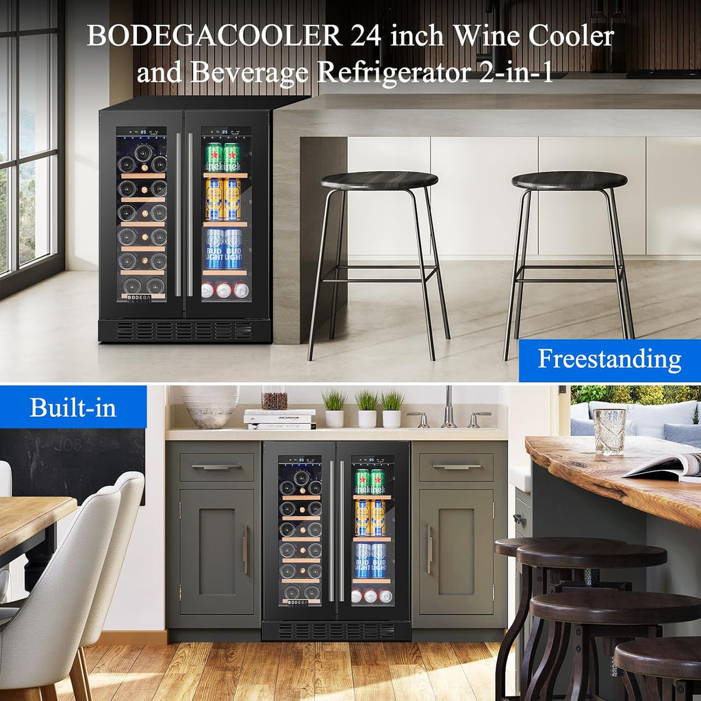 BODEGA Beverage Refrigerator Black, 24 Inch Dual Zone Wine and Beverage Cooler Under Counter, Drink Fridge for Beer, Soda, Wine, Champagne, Holds 41 Cans and 17 Bottles