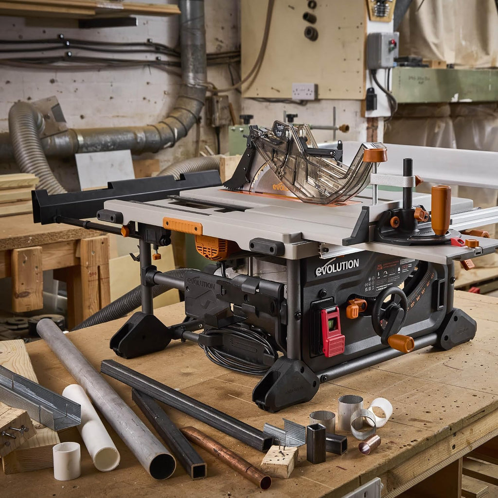 Evolution R10TS 10' Jobsite Table Saw | Zero-Clearance Throat Plate | Dado Plate Included | 15A Motor | 26' Rip | 3-3/8' Cut | 0-45° Bevel | Precision Fence | Heavy Duty Portable Woodworking Saw