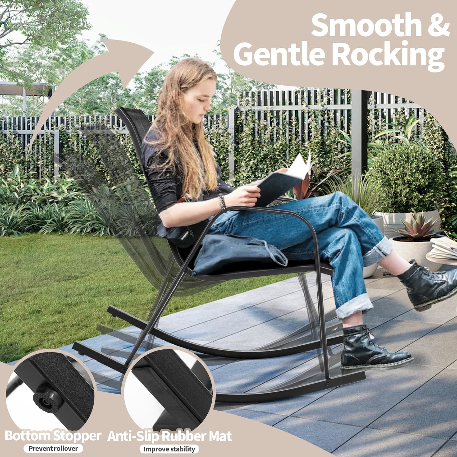 Tangkula Patio Rocking Chair Set of 4, Outdoor Ergonomic Rockers with Breathable Fabric Seat, Gentle Rocking Function, Sturdy Metal Rocker for Front Porch, Backyard, Garden