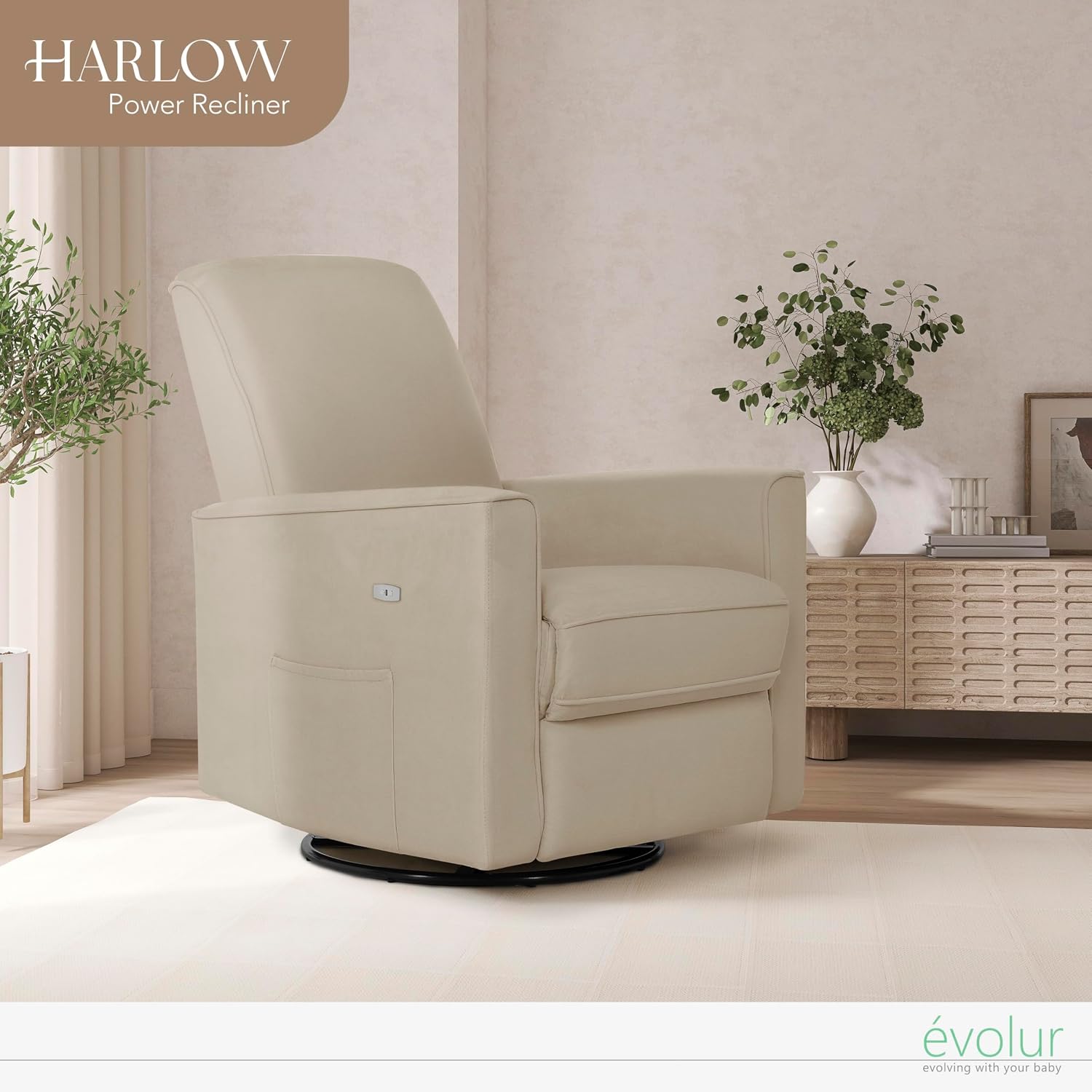 évolur Harlow Upholstered Power Glider Recliner with USB Charging – Rocking & 275° Swivel with Smooth Glide – Greenguard Gold & FSC Certified – Modern Nursery and Living Room Chair in Fawn