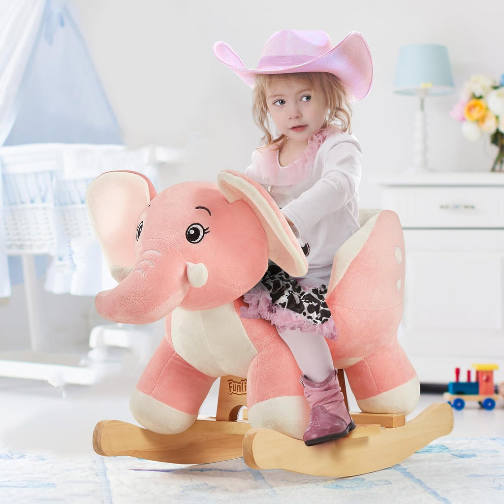 FUNLIO Elephant Baby Rocking Horse for Toddlers 6 Months to 3 Years, Cute & Graceful Pink Elephant Rocker for Baby Girl, Stuffed Plush Ride-on Rocking Animal, Easy to Assemble, CPC & CE Certified