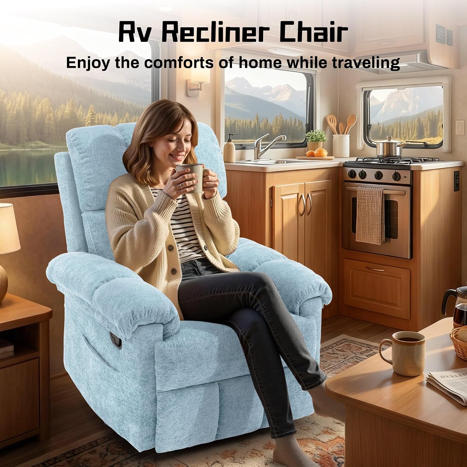 Korser Recliner Chair, Swivel Rocker Recliner Chair for Adults, Small Recliners for Small Spaces, Manual Recliner with Side Pockets, Upholstered Nursery Rocking Chair for Living Room, Chenille, Blue