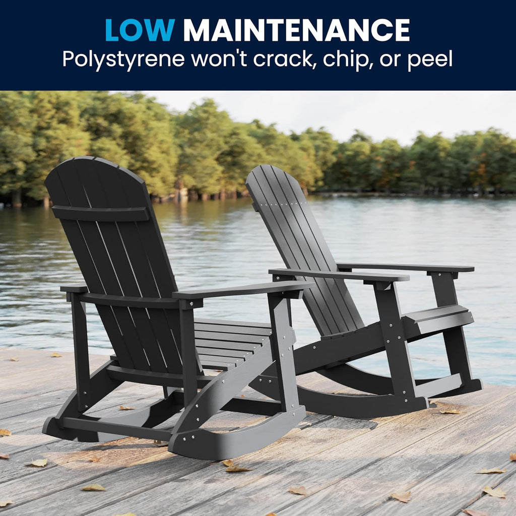 Flash Furniture Savannah All Weather Adirondack Rocking Chairs, Polyresin Wood Adirondack Chair with 350-lb. Static Weight Capacity, Set of 2, Gray