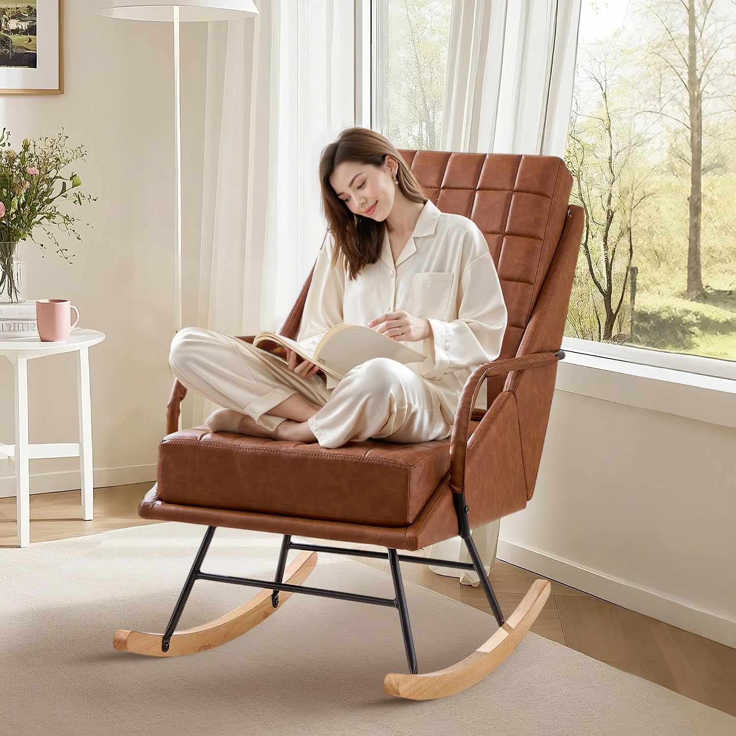 VECELO Rocking Chair Nursery, Over Size Leather Glider Rocker with High Backrest, Upholstered Removable Back, Brown