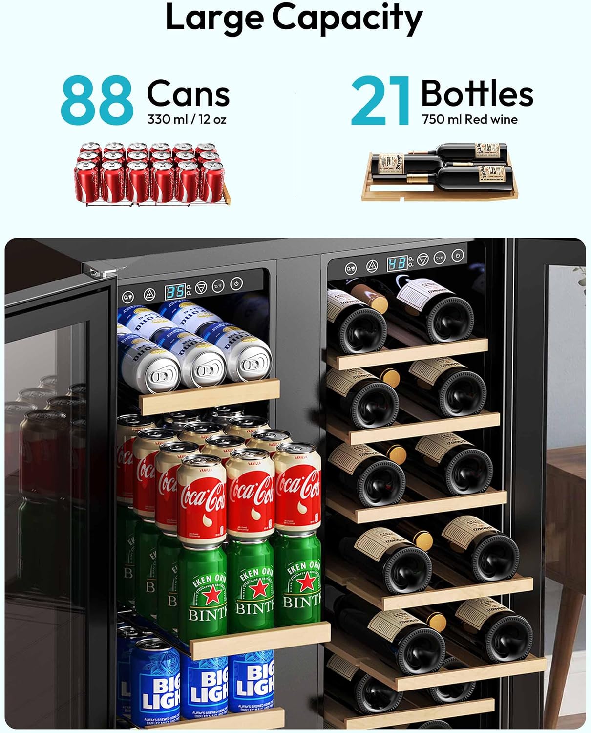 EUHOMY Wine and Beverage Refrigerator, 24 Inch Dual Zone Wine Cooler with Glass Door Hold 21 Bottles and 88 Cans, Built in or Under Counter Wine Fridge with Blue LED Light