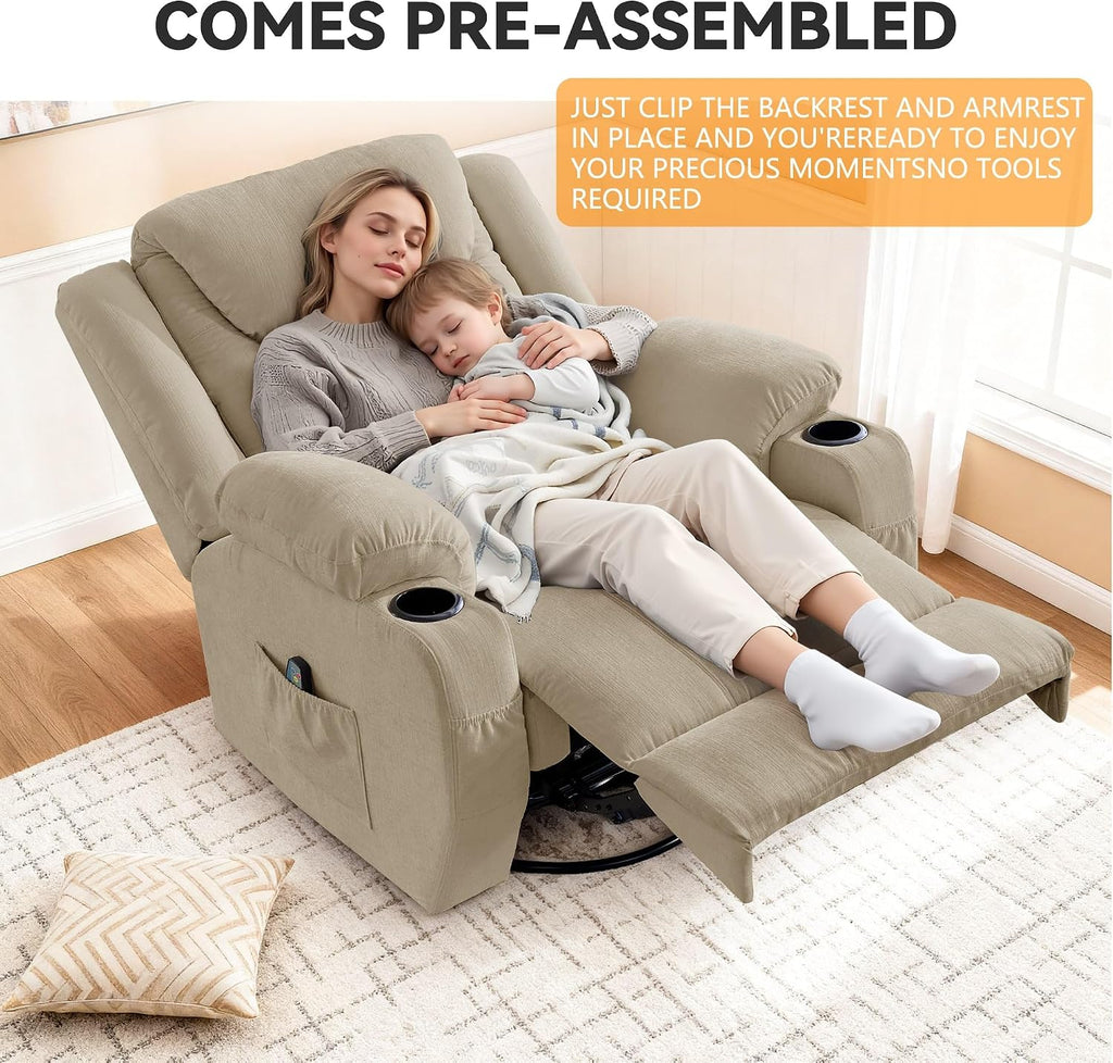 Korser Oversized Recliner Chair, 360° Swivel Recliner for Adults, Swivel Rocker Recliner Chair with Heat and Massage, Manual Recliner with Remote Control and Cup Holders for Living Room, Chenille
