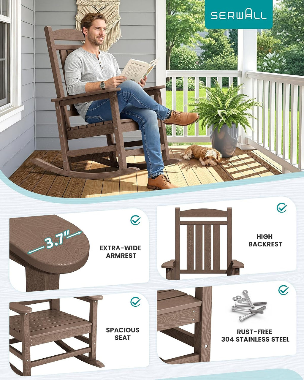 SERWALL Oversized HDPE Outdoor Rocking Chair Set of 2, Patio Rocking Chairs, All-Weather Porch Rockers for Adults, Brown