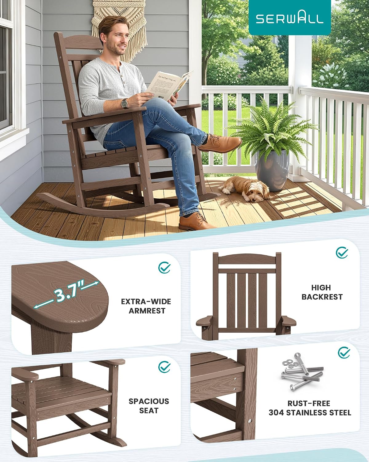 SERWALL Oversized HDPE Outdoor Rocking Chair Set of 2, Patio Rocking Chairs, All-Weather Porch Rockers for Adults, Brown
