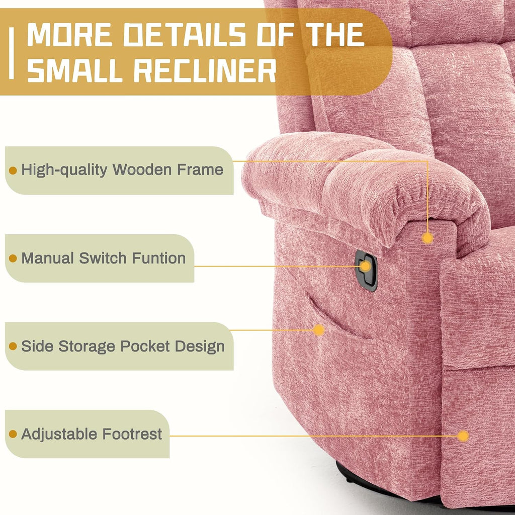 Korser Recliner Chair, Swivel Rocker Recliner Chair for Adults, Small Recliners for Small Spaces, Manual Recliner Chair with Side Pockets, Nursery Rocking Chair for Living Room, Chenille, Rose Pink