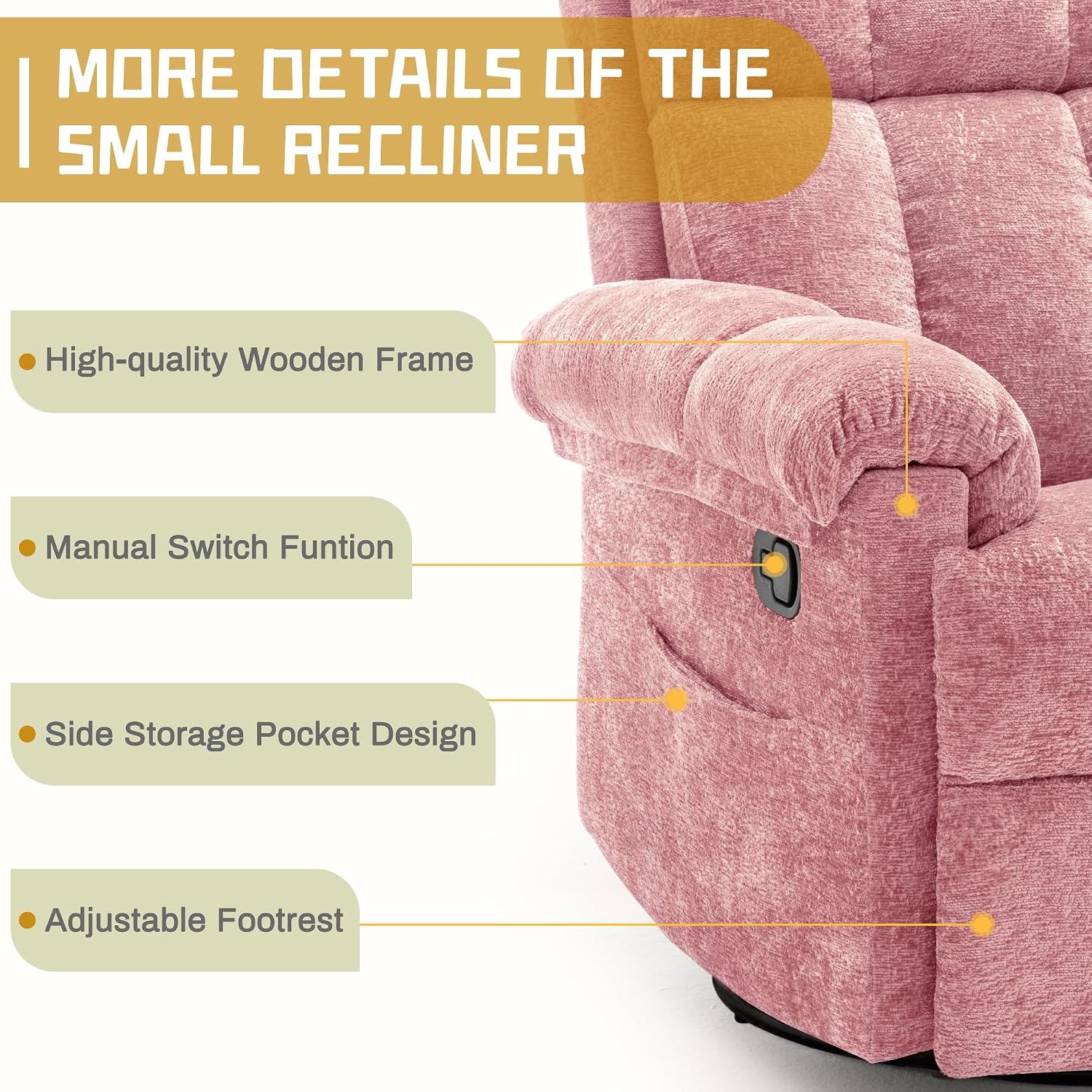 Korser Recliner Chair, Swivel Rocker Recliner Chair for Adults, Small Recliners for Small Spaces, Manual Recliner Chair with Side Pockets, Nursery Rocking Chair for Living Room, Chenille, Rose Pink