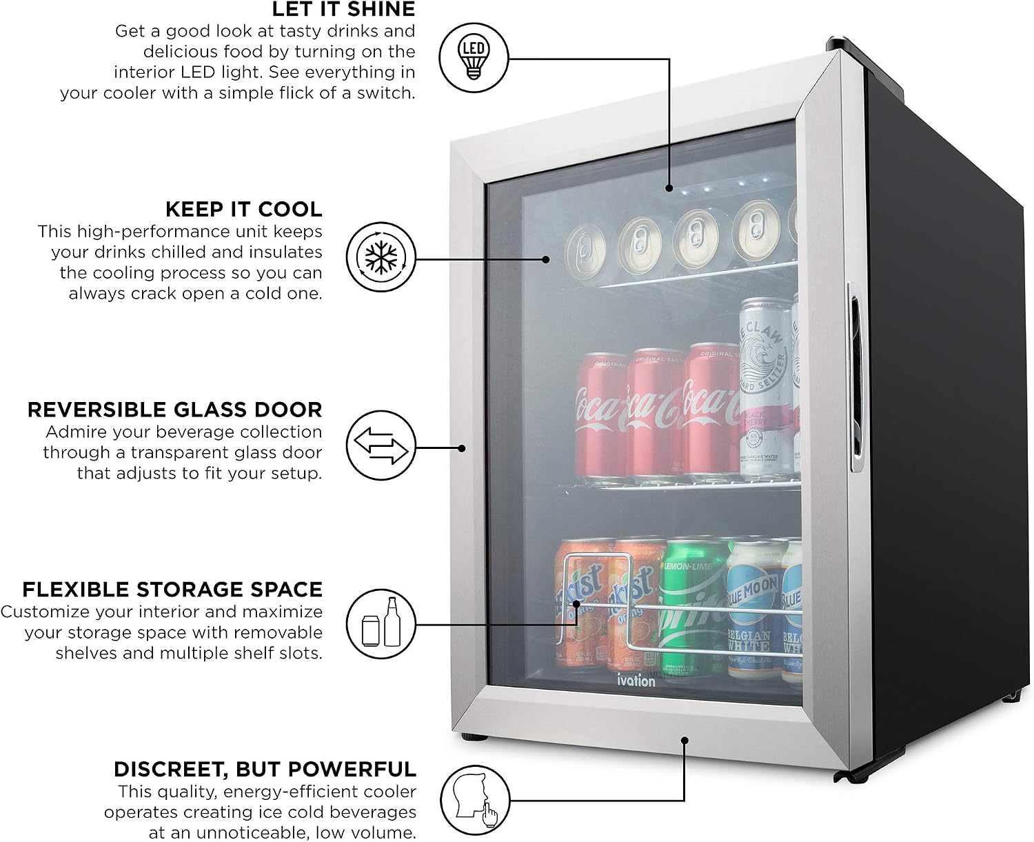 Ivation 62 Can Beverage Refrigerator, Freestanding Ultra Cool Mini Fridge, Beer, Cocktails, Soda, Juice Cooler for Home & Office, Reversible Glass Door & Adjustable Shelving - Stainless Steel