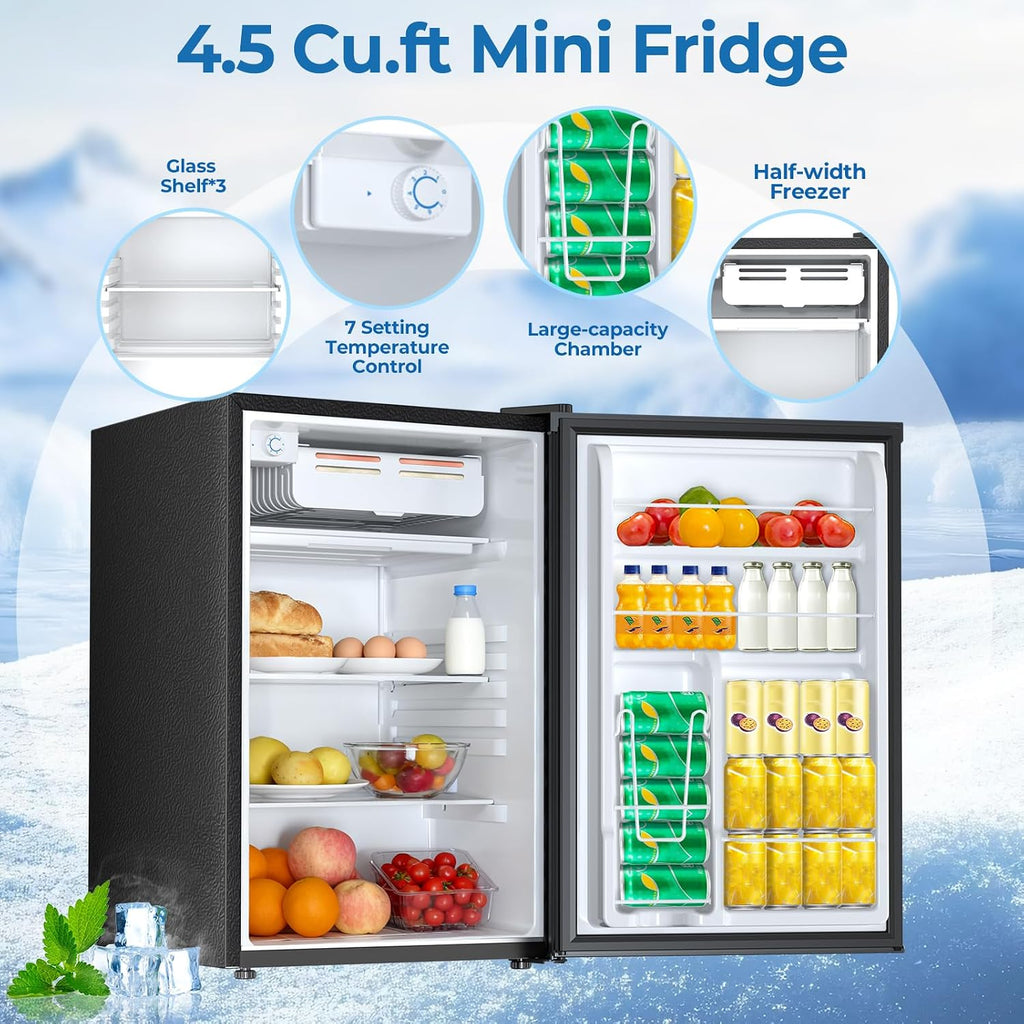Electactic 4.5 Cu.ft Mini Fridge with Freezer, Compact Refrigerator with Reversible Single Door, Adjustable Thermostat, Low Noise, Energy Efficient for Office, Dorm, Bedroom, Apartment BLACK