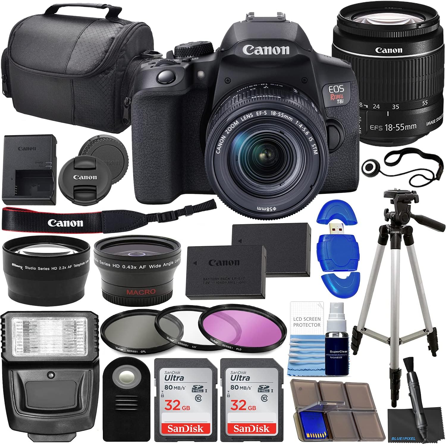 Canon EOS Rebel T8i DSLR Camera w/EF-S 18-55mm F/4-5.6 is STM Zoom Lens Bundle + Wide Angle Lens + Telephoto Lens + 128GB Memory + Case + Tripod + 3pc Filter Kit + Pro Kit (Renewed)