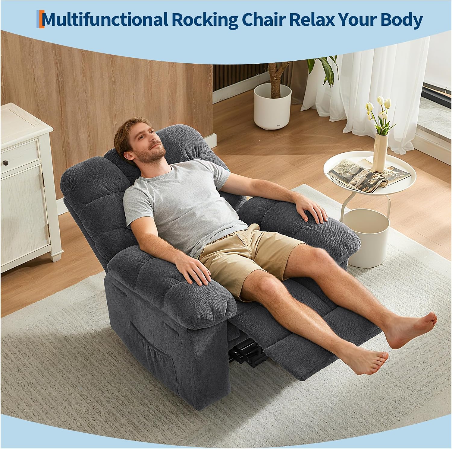 Garvee Manual Recliner Chair,Ergonomic Overstuffed Breathable Fabric Reclining Chair with Side Pockets,q235 Steel Frame Lazy Boy Recliner Single Sofa for Living Room Bedroom