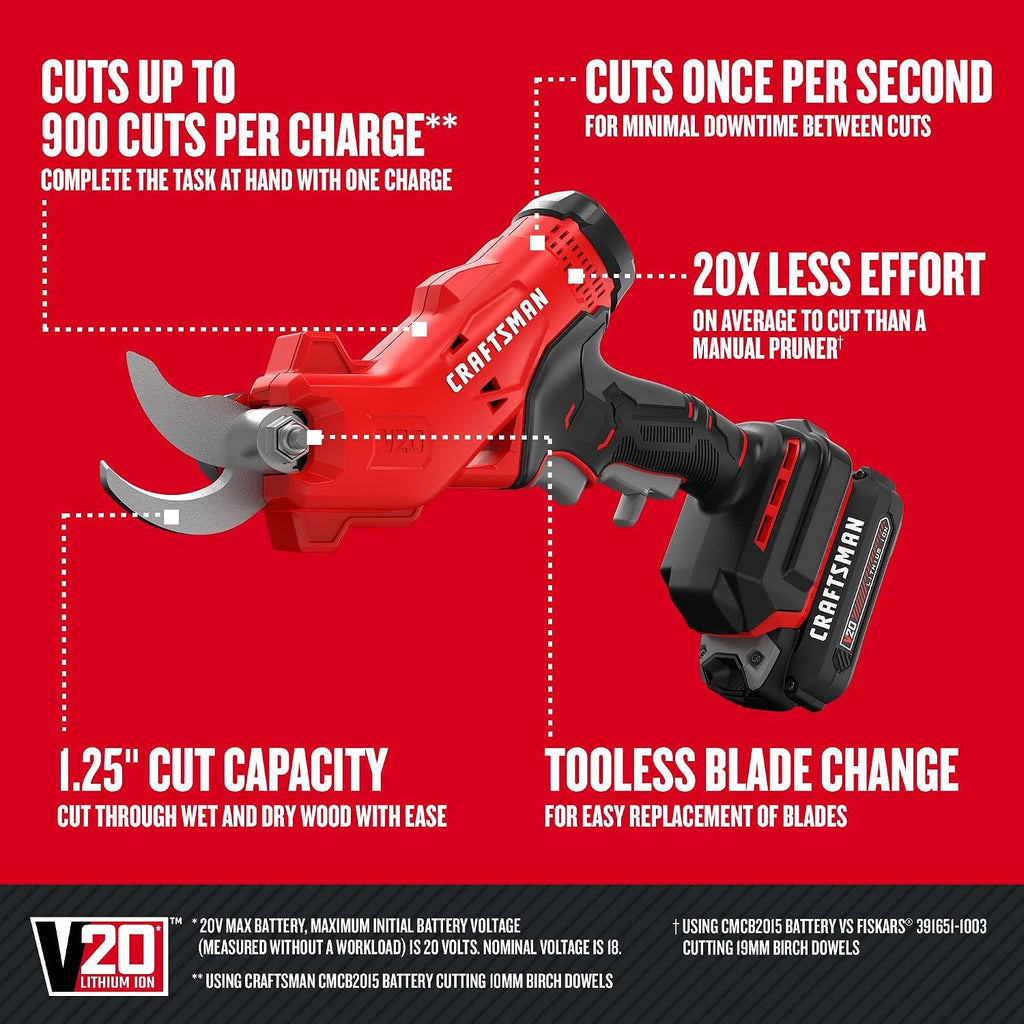 CRAFTSMAN V20 Cordless Electric Pruner, Pruning Shears for Gardening, 2 Ah Battery and Charger Included, Electric Pruning Shears, Tree Pruner (CMCPR320C1)