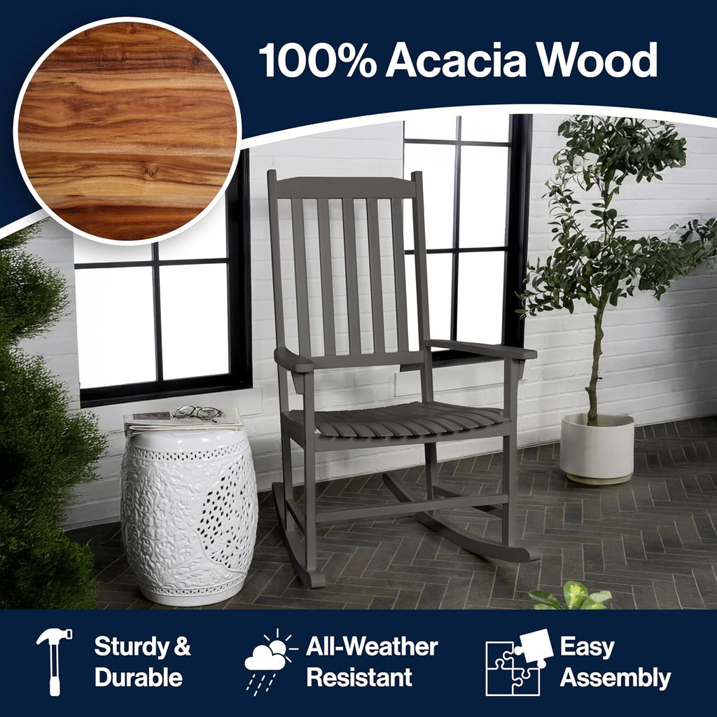 JONATHAN Y RCK300B Seagrove Farmhouse Classic Slat-Back 350-LBS Support Acacia Wood Outdoor Rocking Chair Traditional, Coastal, Cottage, Vintage, Shabby Chic, Gray Wash
