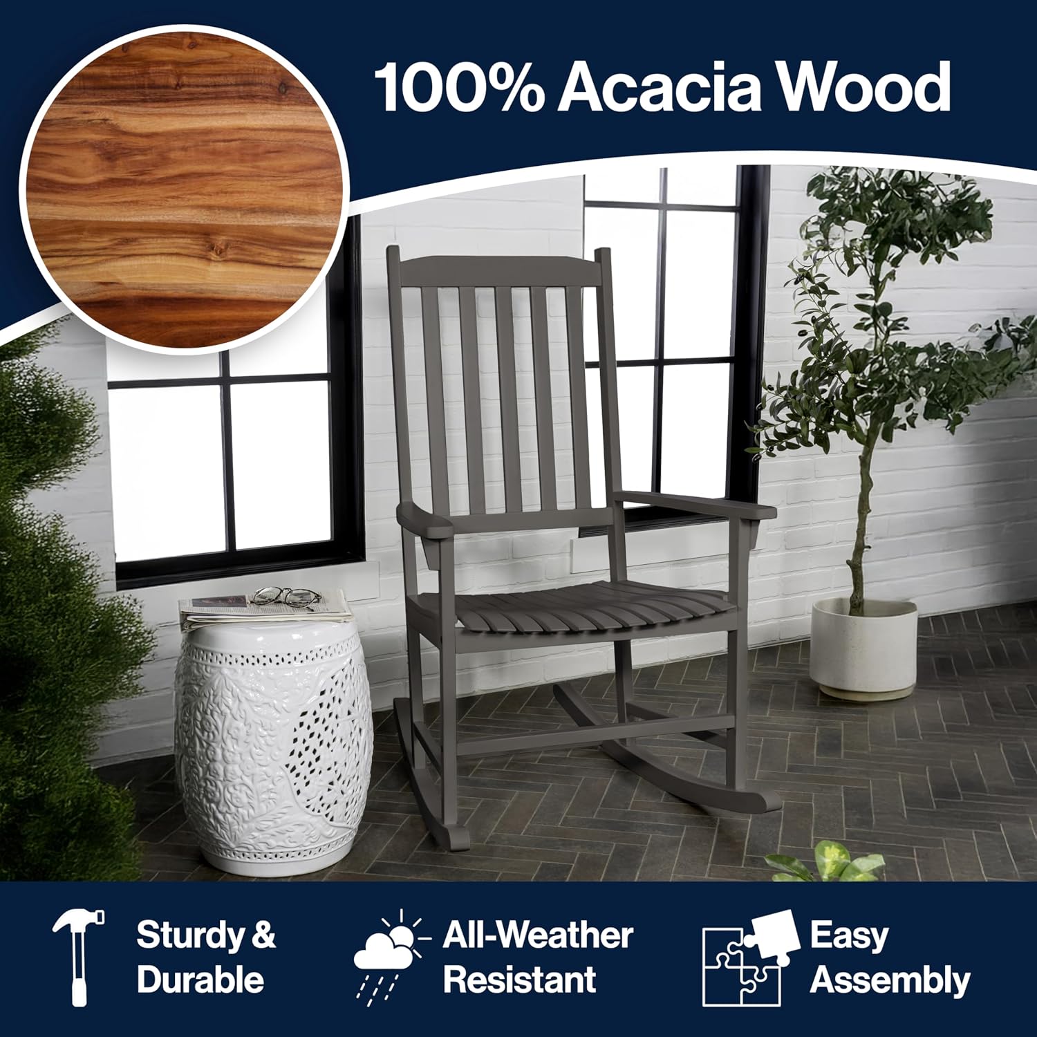 JONATHAN Y RCK300B Seagrove Farmhouse Classic Slat-Back 350-LBS Support Acacia Wood Outdoor Rocking Chair Traditional, Coastal, Cottage, Vintage, Shabby Chic, Gray Wash