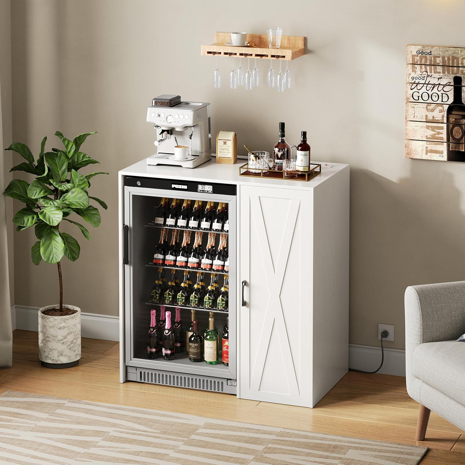 Herture Mini Fridge Cabinet with Storage, Coffee Bar Cabinet with Power Outlet, Fits 24' Wine Fridge, 3-Tier Organizer, Refrigerator Stand for Kitchen, Apartment, or Home Bar White KH01MRW