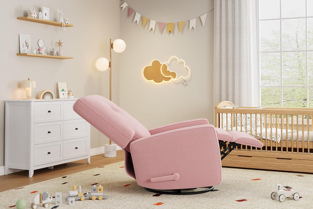 IDEALHOUSE Recliner Chair, 360° Swivel Rocking Glider Chair for Adults with Adjustable Backrest & Footrest, Cozy Corduroy Upholstered Armchair for Living Rooms, Bedrooms, Apartments, Pink