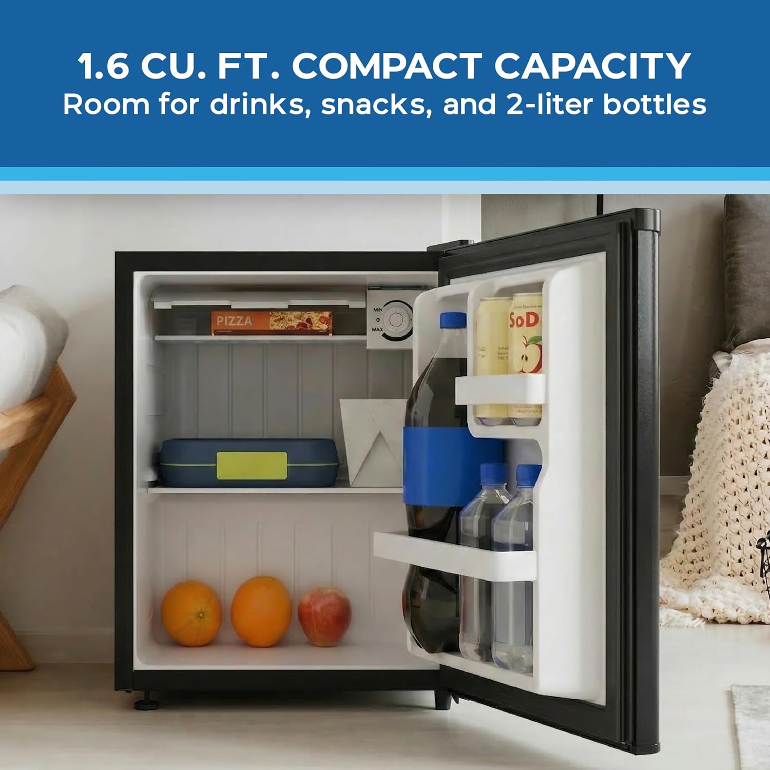 Avanti Mini Fridge 1.6 Cu. Ft. Compact Refrigerator for Dorm, Office & Bedroom, Chiller Compartment, Glass Shelf, Reversible Door, ENERGY STAR, Black
