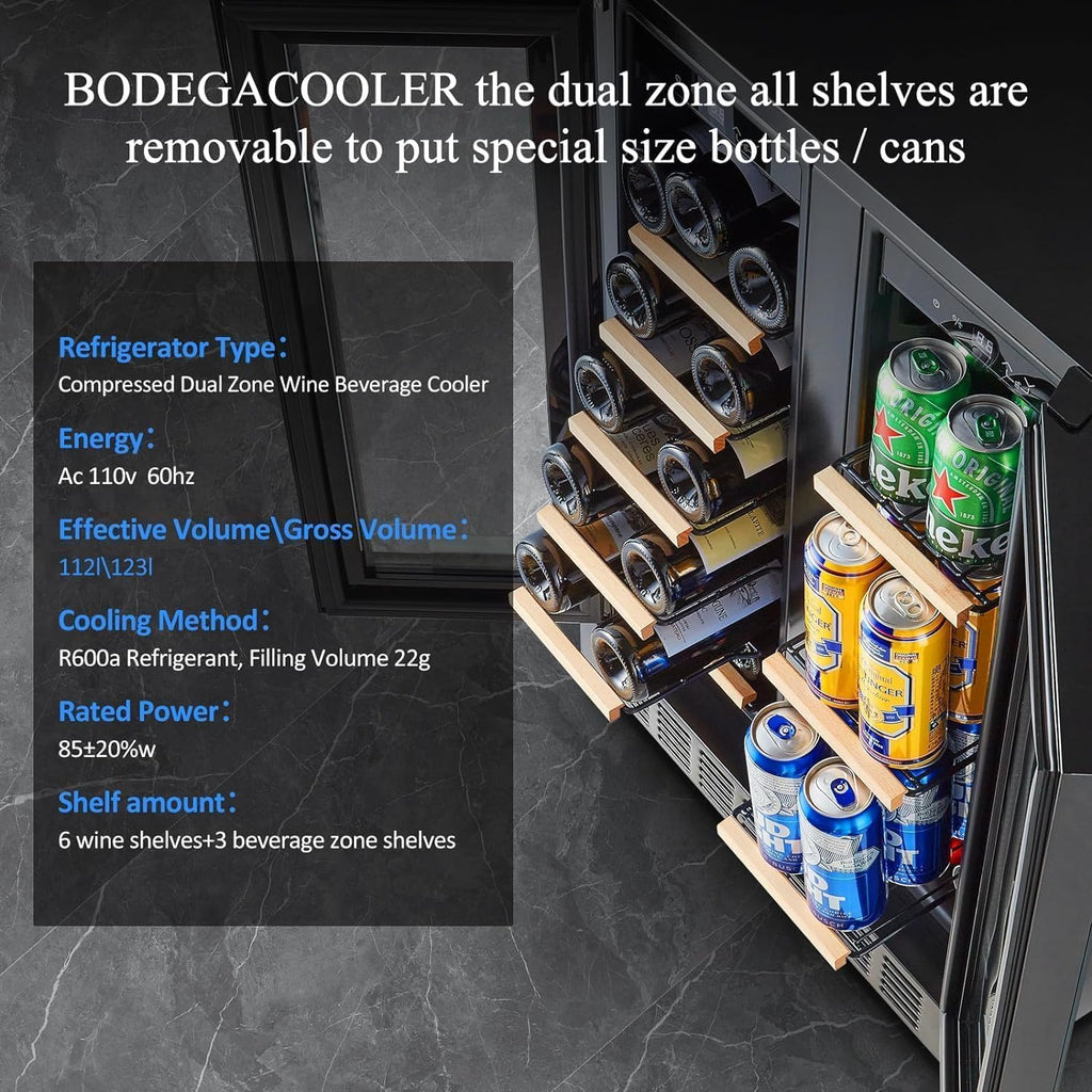 BODEGA Beverage Refrigerator Black, 24 Inch Dual Zone Wine and Beverage Cooler Under Counter, Drink Fridge for Beer, Soda, Wine, Champagne, Holds 41 Cans and 17 Bottles