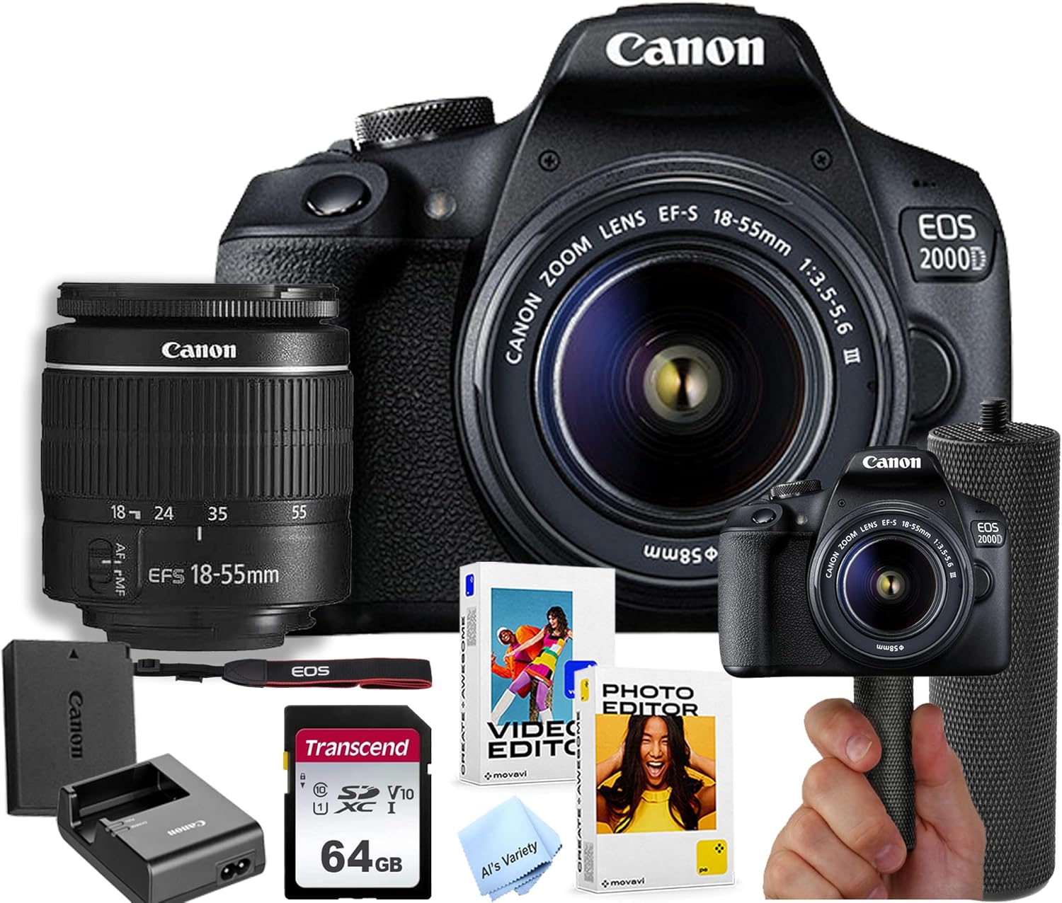 Canon EOS 2000D / Rebel T7 DSLR Camera w/EF-S 18-55mm F/3.5-5.6 Zoom Lens + 64GB Memory + Stabilizing Grip + Software Pack +More (Value Bundle) (Renewed)