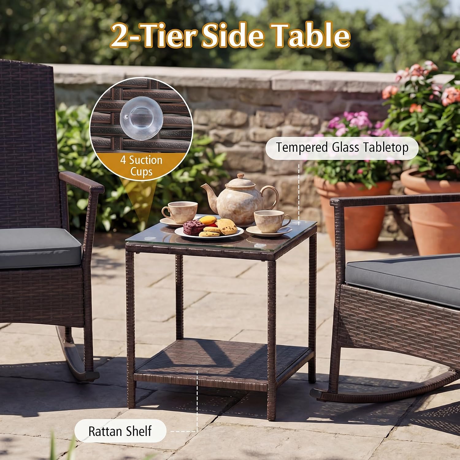 Tangkula 3 Pieces Rocking Wicker Bistro Set, Outdoor Front Porch Rocker Chairs Conversation Set with 2-Tier Tempered Glass Coffee Table and Thick Cushions for Garden, Balcony, Poolside (Gray)