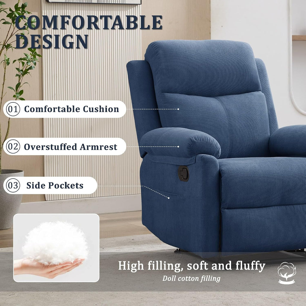Korser Recliner Chair, Manual Recliner for Adults with Side Pocket, Small Recliners for Small Spaces, Adjustable Comfy Overstuffed Corduroy Reclining Chairs for Living Room, Reading, Bedroom, Blue