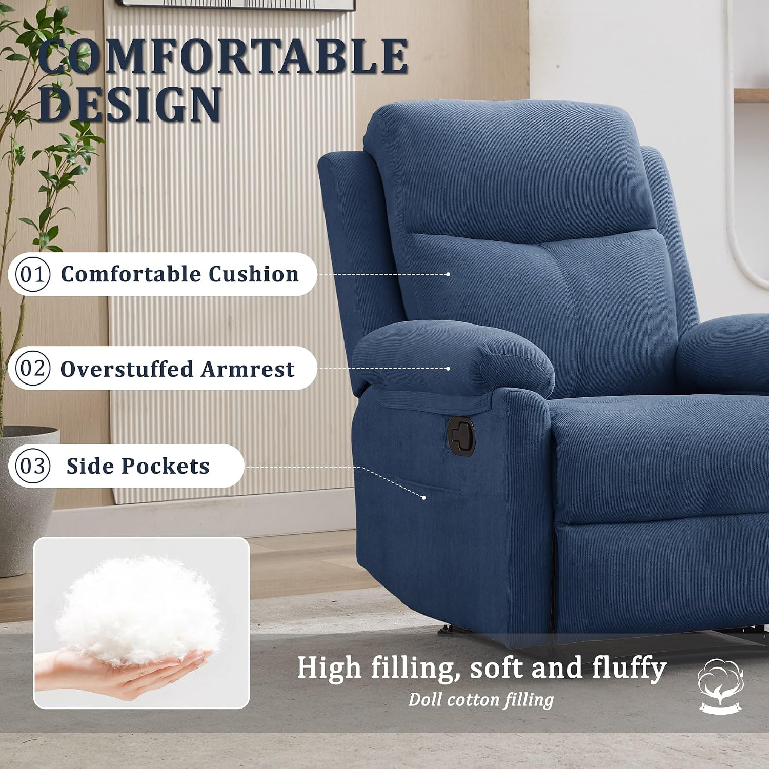 Korser Recliner Chair, Manual Recliner for Adults with Side Pocket, Small Recliners for Small Spaces, Adjustable Comfy Overstuffed Corduroy Reclining Chairs for Living Room, Reading, Bedroom, Blue