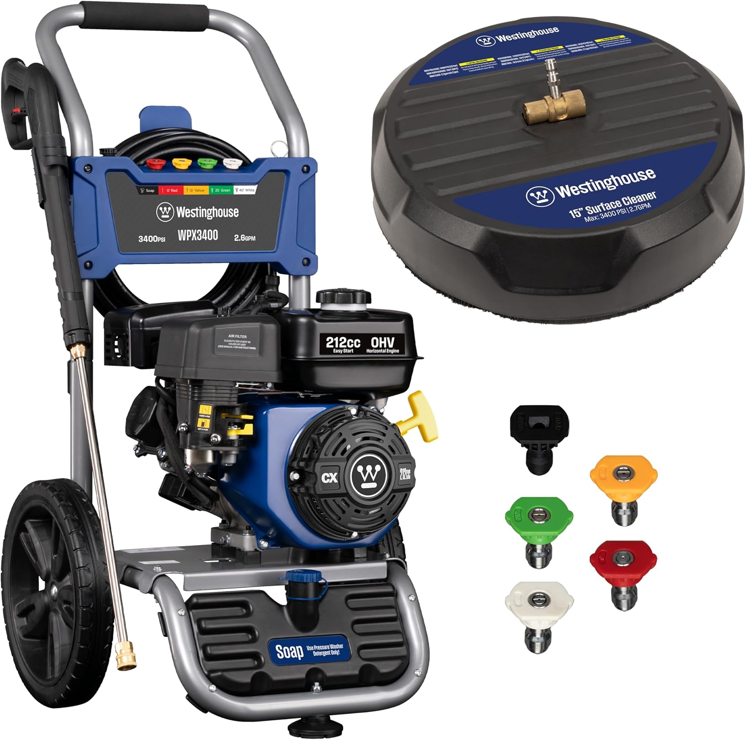 Westinghouse WPX3400SC Gas Pressure Washer with 15-inch Surface Cleaner, 3400 PSI and 2.6 Max GPM, Onboard Soap Tank, Spray Gun and Wand, 5 Nozzle Set, for Cars/Fences/Driveways/Homes/Patios/Furniture