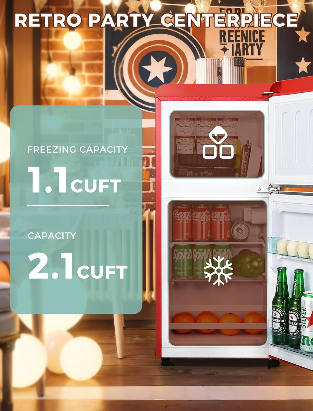 Anypro 3.2 Cu.Ft Refrigerator, Double Door Retro Fridge with Freezer, 7 Adjustable Temperature Settings, Low Noise, Removable Glass Shelves for Dorm, Office, Bedroom, Apartment, Red