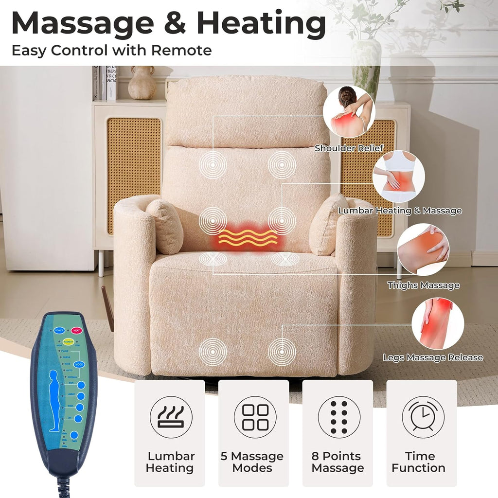 Oversized Swivel Rocker Recliner with Massage and Heat, Swivel Nursery Recliner With Adjustable Headrest, Manual Rocker Recliner Chair with Two Removable Pillows, High Back Barrel Armchair, Beige