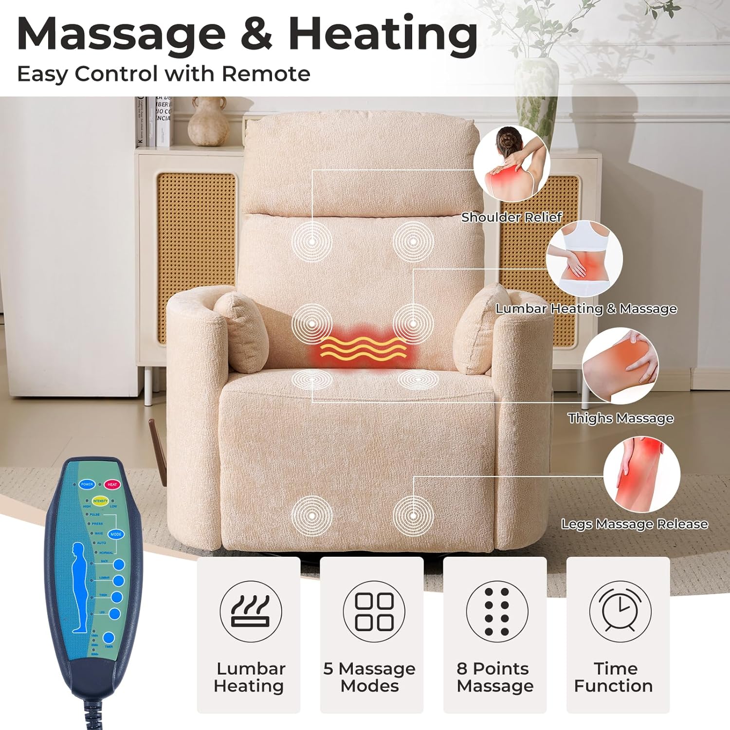 Oversized Swivel Rocker Recliner with Massage and Heat, Swivel Nursery Recliner With Adjustable Headrest, Manual Rocker Recliner Chair with Two Removable Pillows, High Back Barrel Armchair, Beige