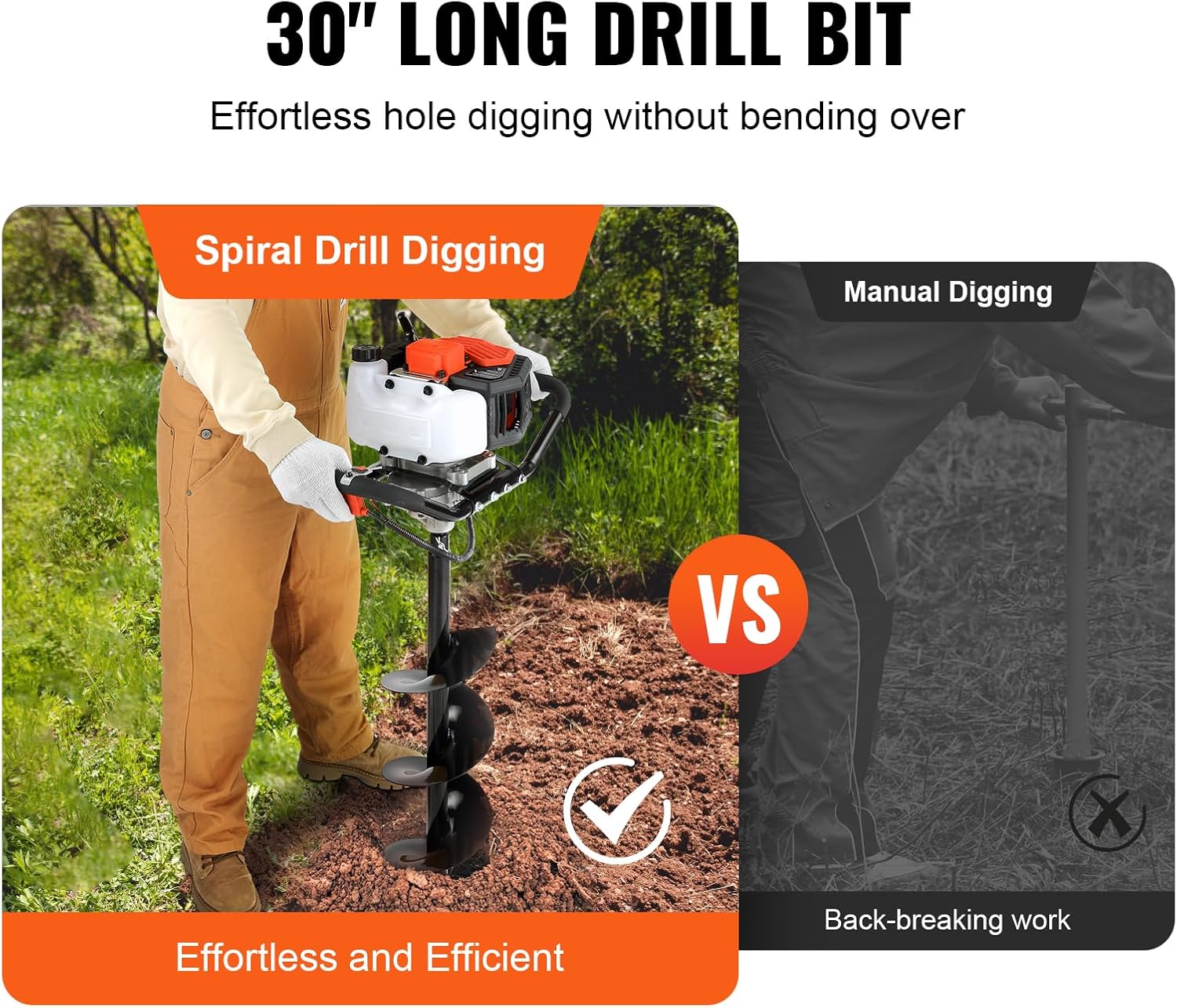 VEVOR Post Hole Digger, 43cc 1250W Auger Post Hole Digger, Gas Powered Earth Digger with 8' Earth Auger Drill Bit, 30 inch Long Alloy Steel Auger, for Farmland, Garden and Plant, EPA Certification