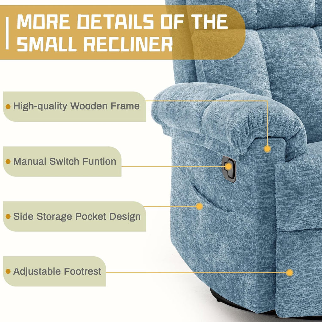 Korser Recliner Chair, Swivel Rocker Recliner Chair for Adults, Small Recliners for Small Spaces, Manual Recliner Chair with Side Pockets, Nursery Rocking Chair for Living Room, Chenille, Airy Blue