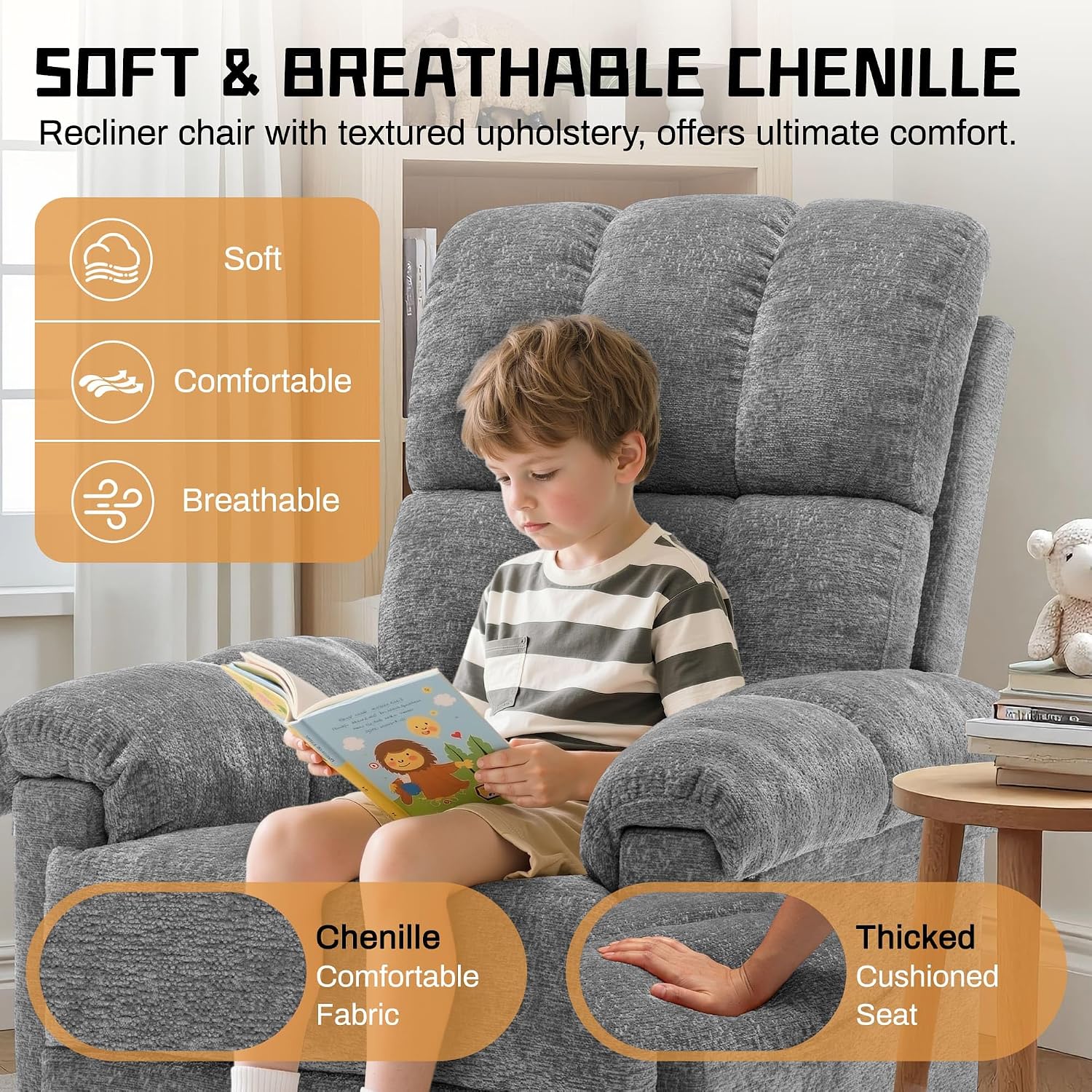 Korser Recliner Chair, Swivel Rocker Recliner Chair for Adults, Small Recliners for Small Spaces, Manual Recliner with Side Pockets, Upholstered Nursery Rocking Chair for Living Room, Chenille, Grey