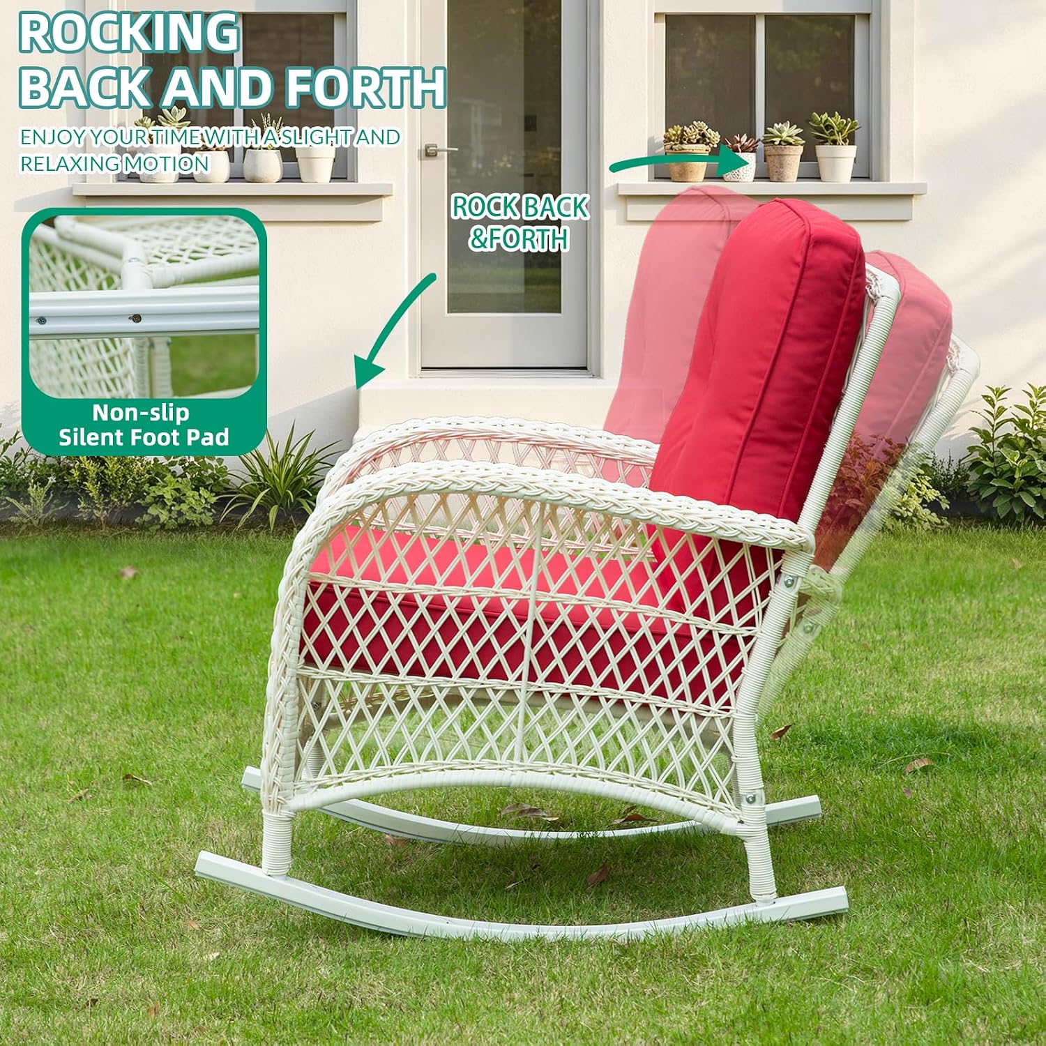 VIVIJASON Outdoor Wicker Rocking Chair, Patio Rattan Rocker Chair with Cushions & Steel Frame, All-Weather Rocking Lawn Furniture for Garden Backyard Porch, Cream White/Red