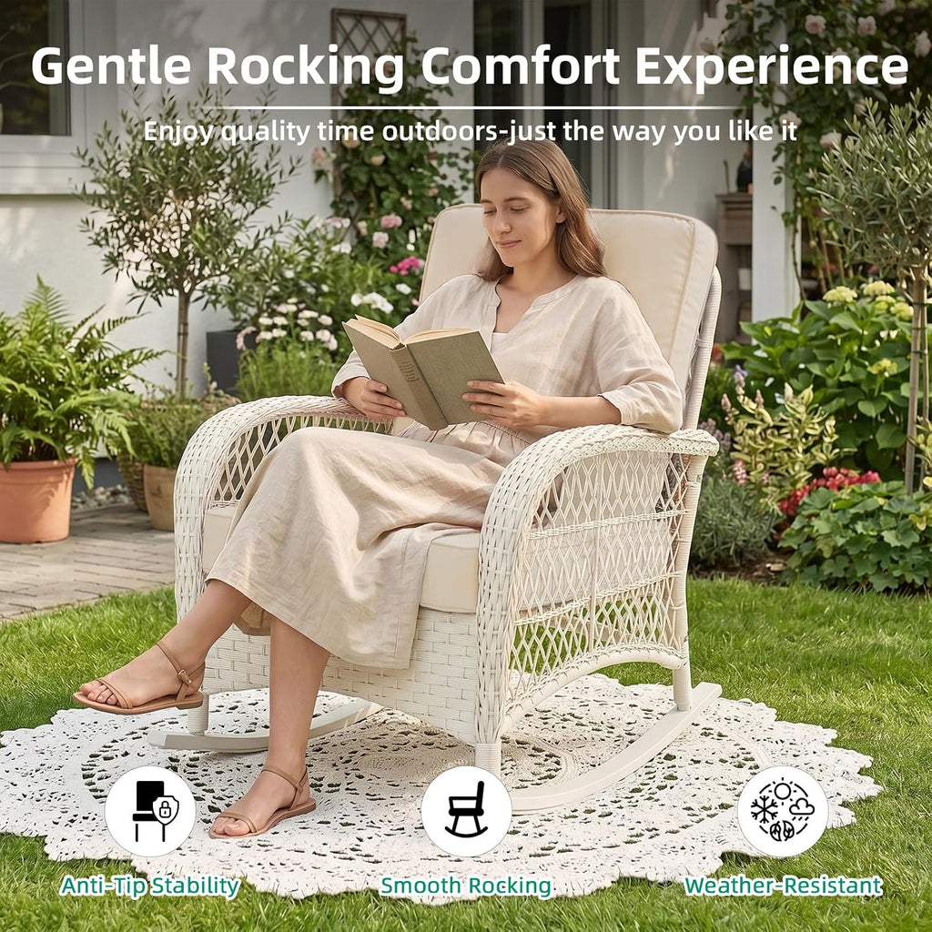 VIVIJASON Outdoor Wicker Rocking Chair, Patio Rattan Rocker Chair with Cushions & Steel Frame, All-Weather Rocking Lawn Furniture for Garden Backyard Porch, Cream White/Beige