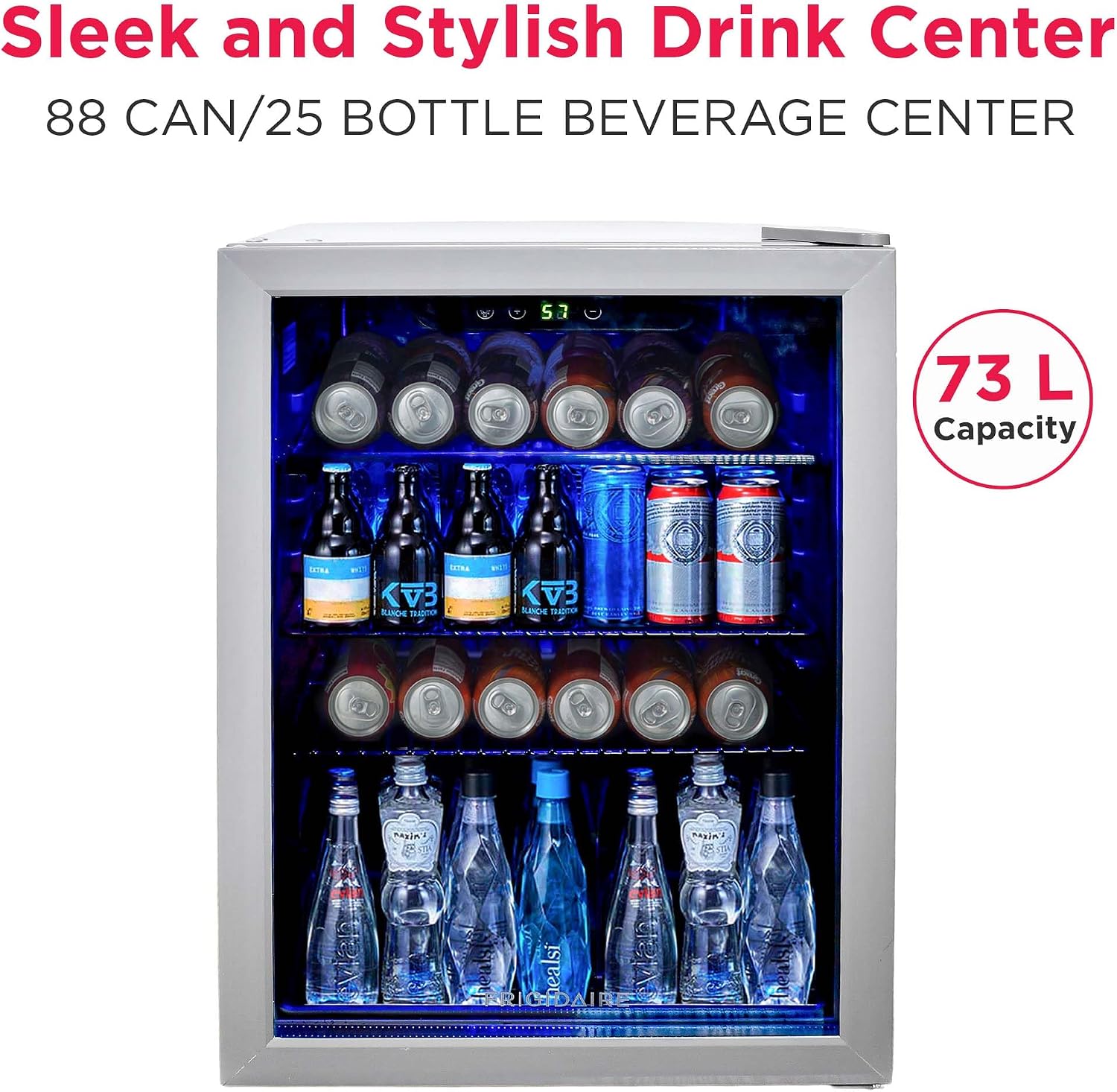 Frigidaire EFMIS9O00, Beverage Fridge Refrigerator with Glass Door, Compact Mini Fridge with Digital Temperature Control Fits 88 Cans or 25 Bottles, 74L Capacity - 19.29' D x 25' W x 17.51' H, Silver