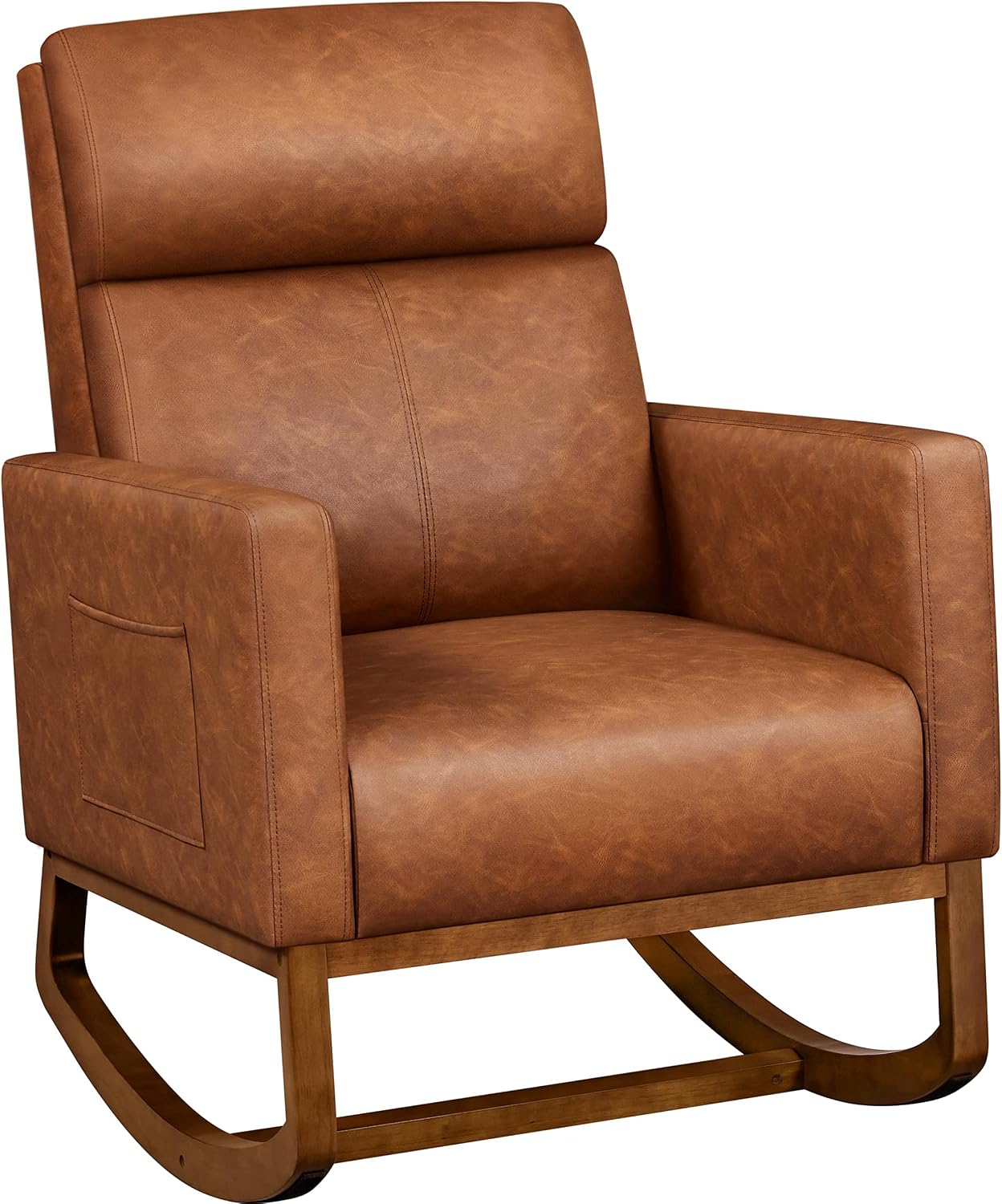 Yaheetech Leather Living Room Chair, Rocking Accent Chair, Modern Nursery Glider Chair with High Back and Side Pocket, Accent Rocker Armchair with Wood Legs for Living Room Bedroom Study, Brown