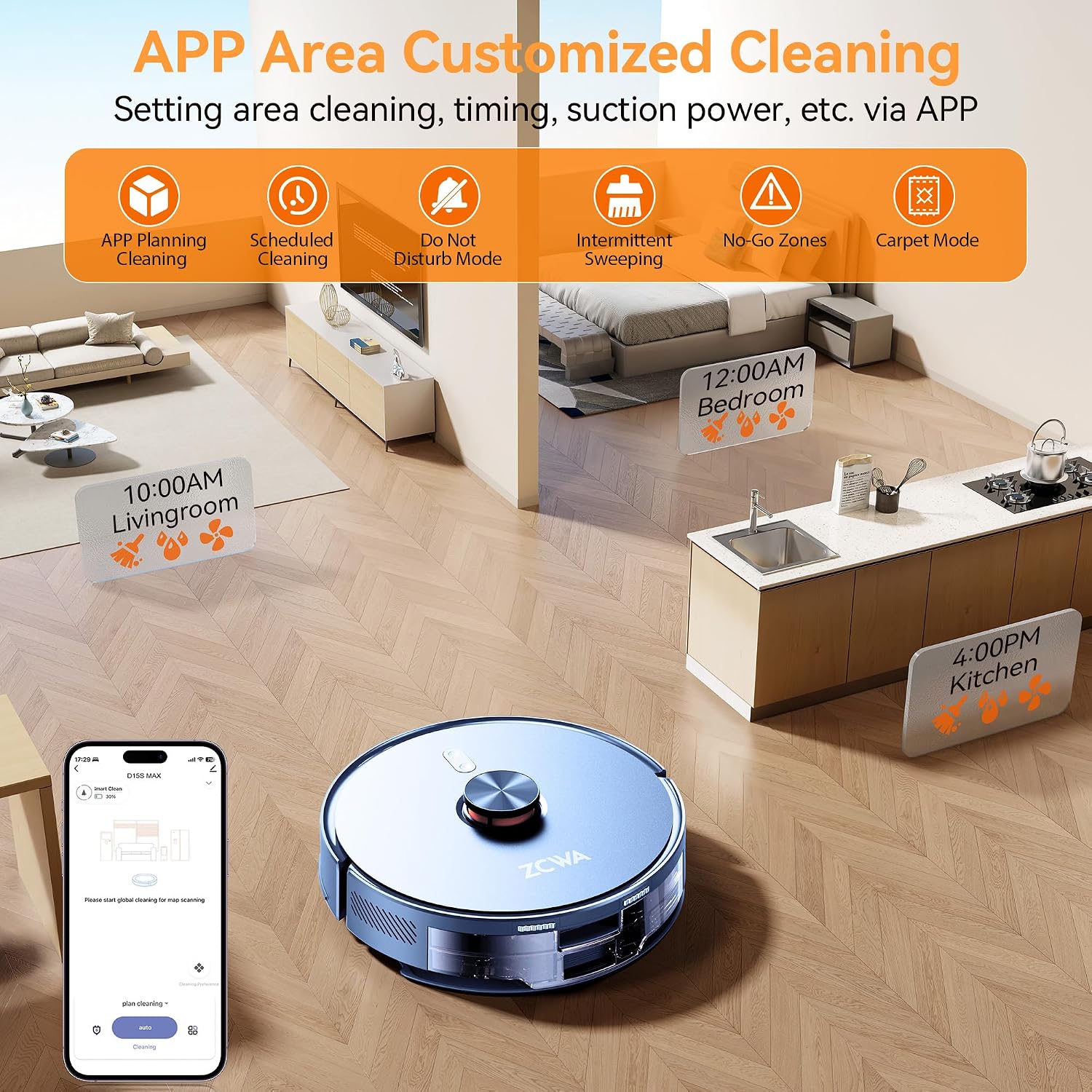 ZCWA Robot Vacuum and Mop Combo, 2 in 1 Mopping Robotic Vacuum with WiFi/App, Robotic Vacuum Cleaner, Schedule Settings, Self-Charging, Ideal for Hard Floor, Pet Hair and Low Pile Carpet