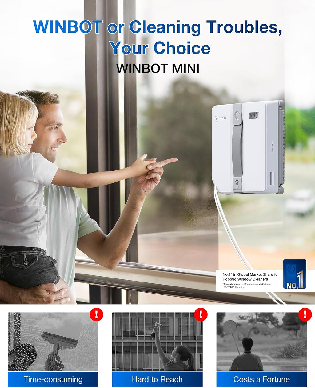 ECOVACS WINBOT Mini Window Cleaning Robot - Compact Design, Dual Nozzles with Ultrasonic Spray, 9-Stage Protection System, Intelligent Path Planning, 3 Cleaning Modes, Anti-Slipping System