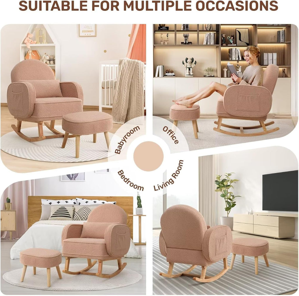 HCHAIRH Rocking Chair Nursery with Ottoman, Upholstered Glider Rocker with High Backrest and Side Pocket, Rocking Accent Armchair with Solid Wood Legs for Nursery, Living Room, Bedroom Coffee