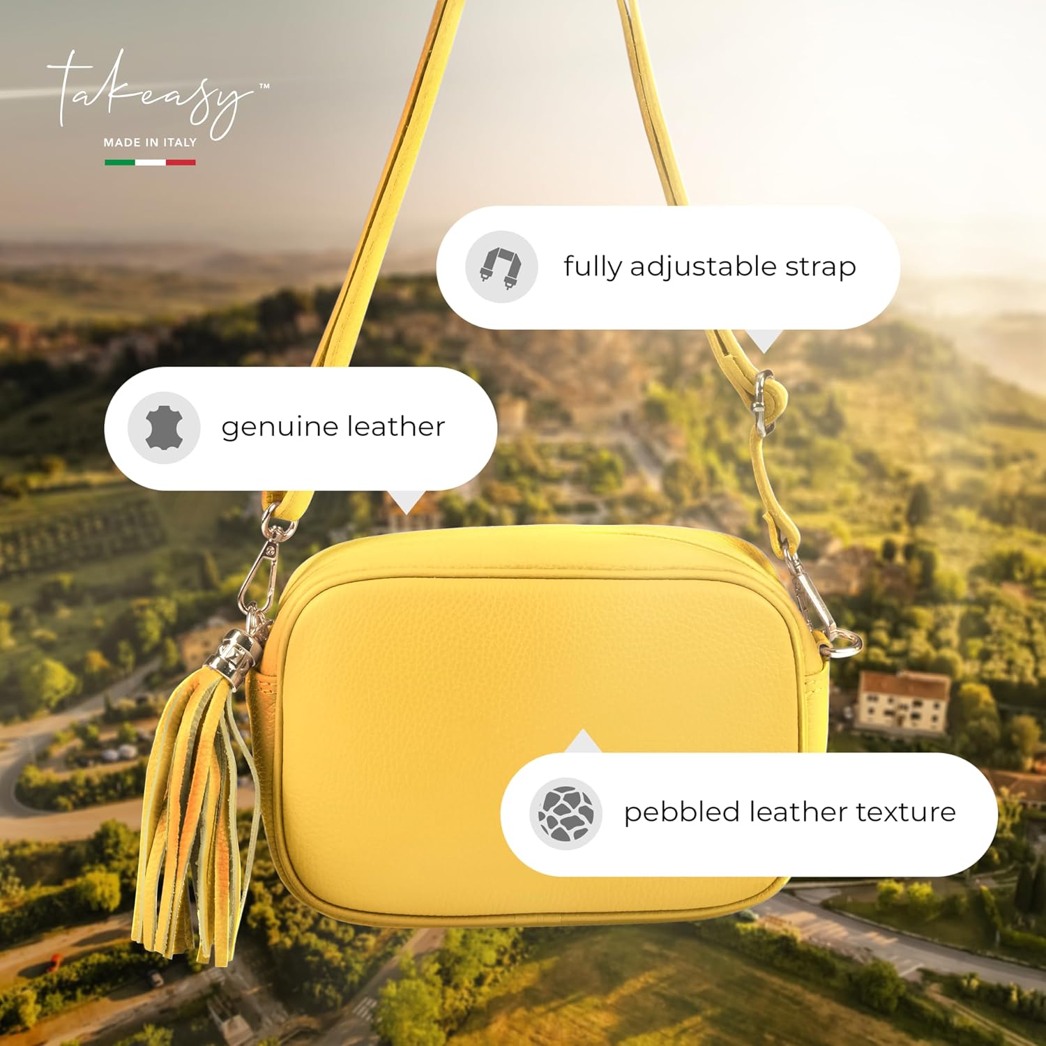 Italian Calf Leather Crossbody Bag for Women with Tassel Zipper | Small Camera Purse Shoulder Handbag Pocketbook