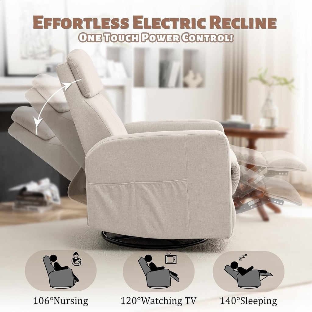 Korser Power Swivel Recliner Chairs for Adults, Electric Glider Rocking Chair Nursery, Glider Recliner Nursery Chair with Classified Side Pocket, Nursery Rocking Chairs with USB and Type-C Ports